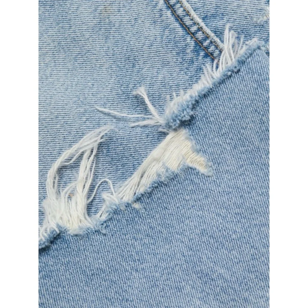 NWT Agolde Criss Cross Jean Mini Skirt Distressed Light Blue Frayed Hem Denim